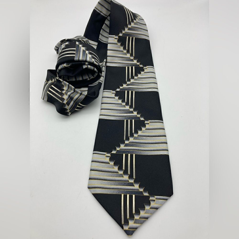 Fratello Hand Made Geometric Print Tie Black Grey Color